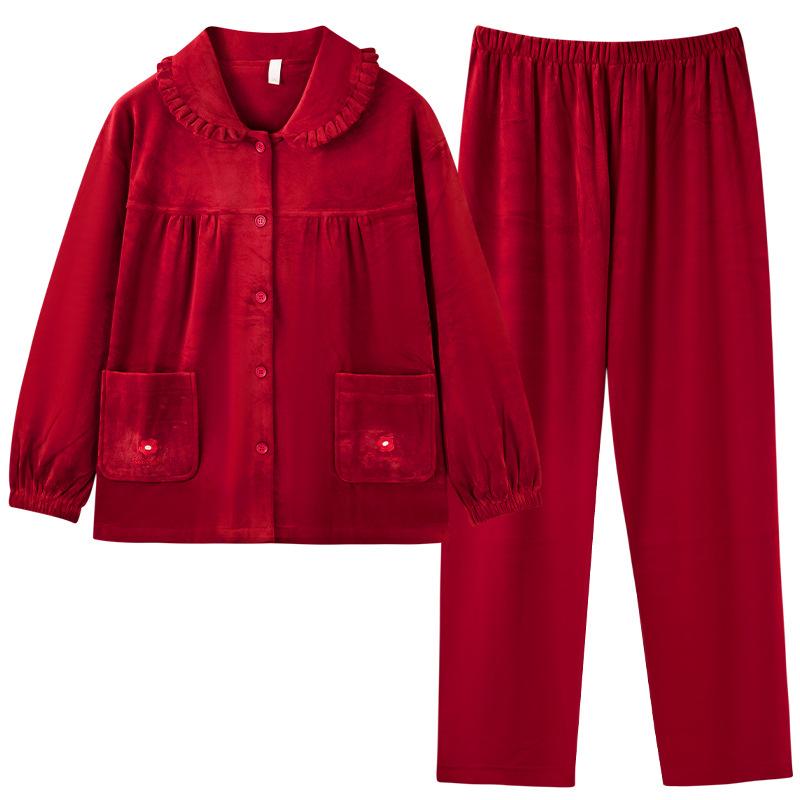 Island Fleece Pajamas Women'S Autumn And Winter Coral Fleece Red Natal Year Middle-Aged Mother Large Size Warm Thin Fleece Loungewear