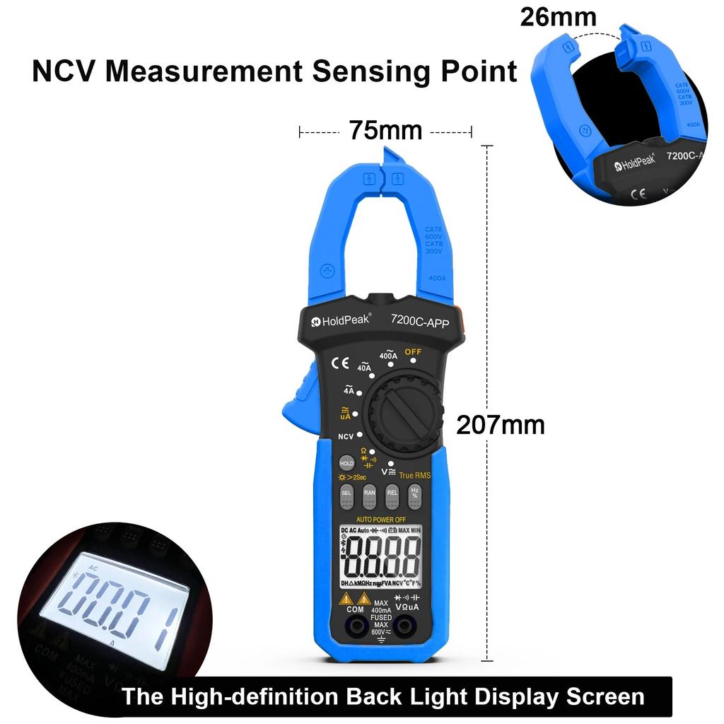 AC DC Digital Clamp Meter Multimeter with Bluetooth Data Logger for Electrical Solar Automotive Testing