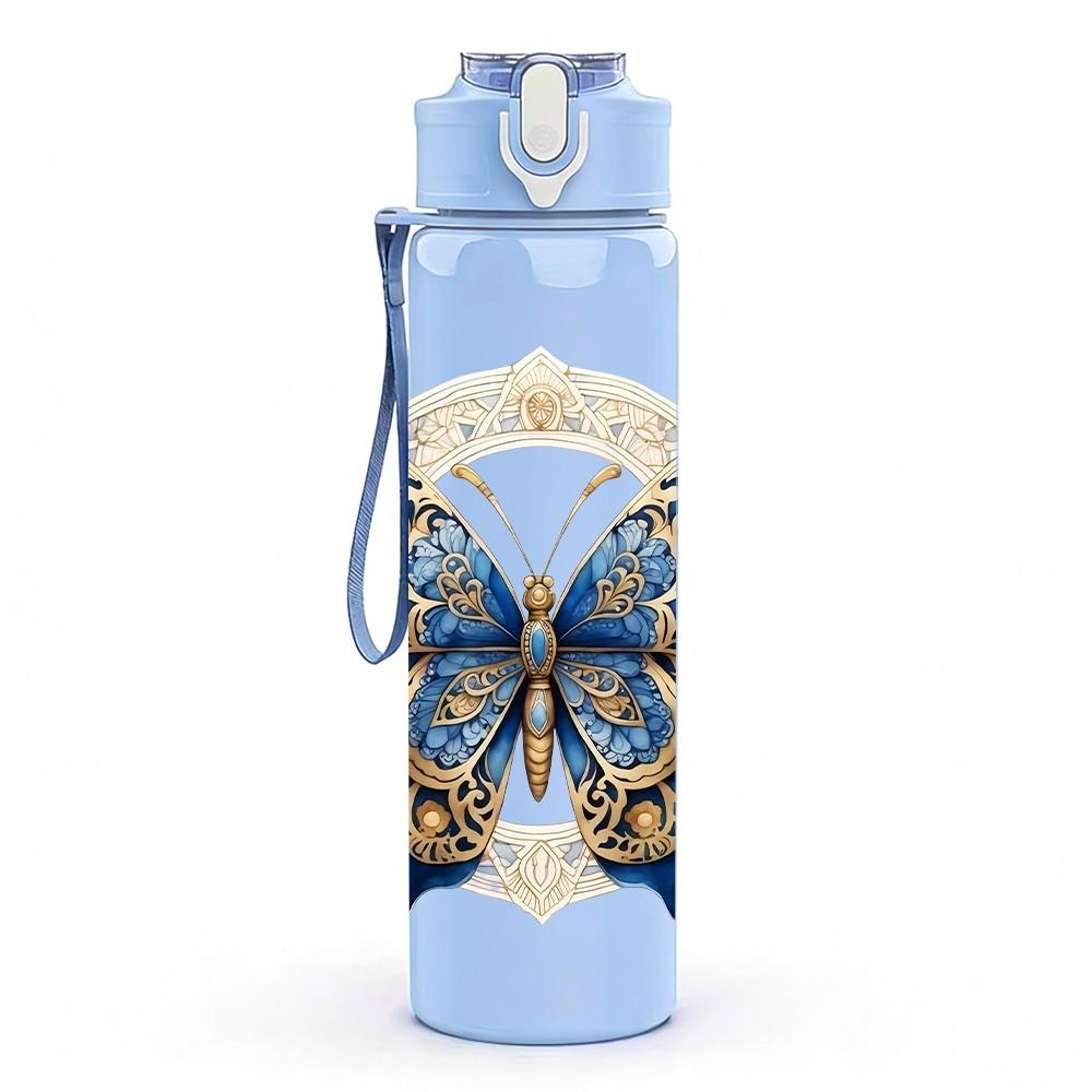 1PC Ornate Blue Butterfly Pattern 750ml Color Plastic Sports Water Bottle Leakproof Flip Straw Lid Suitable for Sports Office Home Use