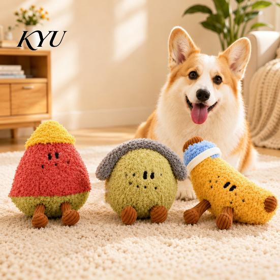 Cute Cartoon Pet Playthings Plush Fruit Dog Toy with Bell, Squeaky Interactive Chew Toy, Funny Anthropomorphic Toys Soft Stuffed for Small to