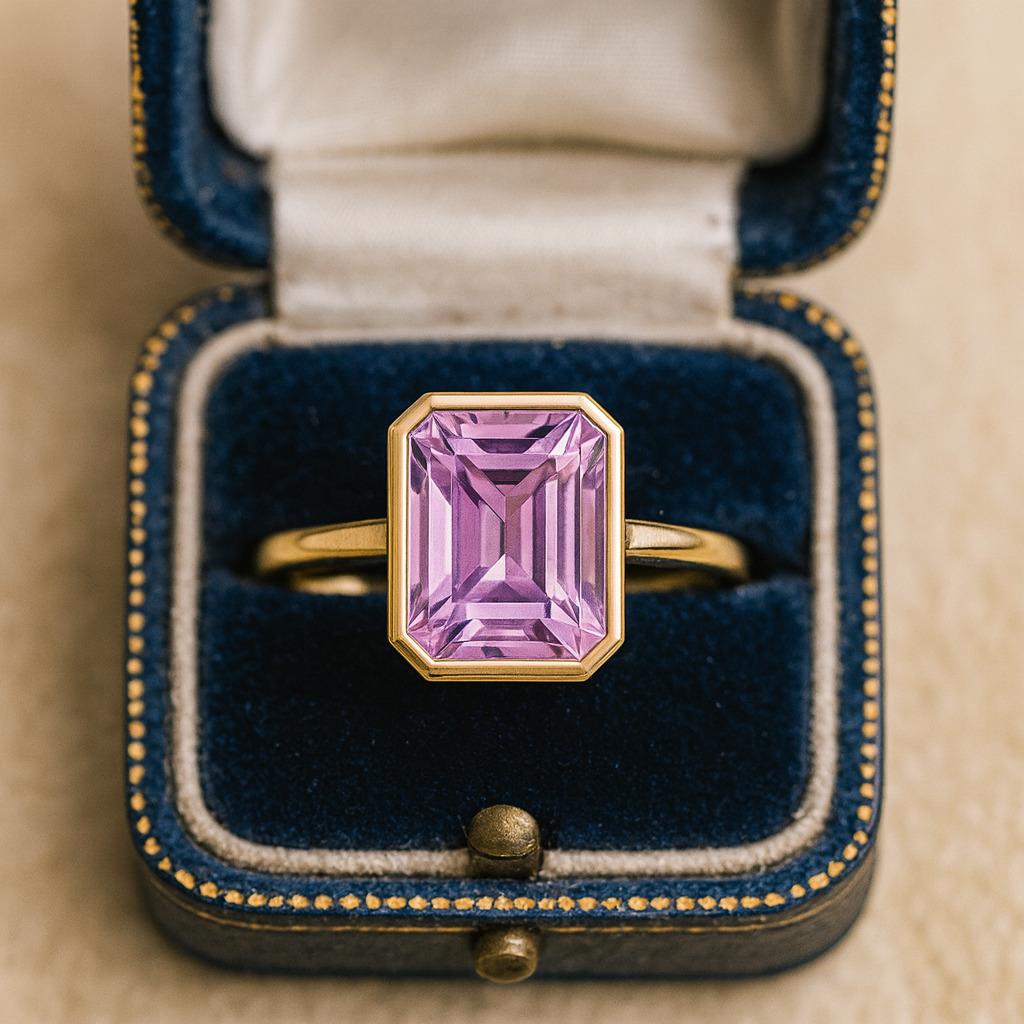 Smaragdgeschliffener Amethyst Solitärring – Gelbgold plattierte Lünettenfassung, Verlobungs-Hochzeits Schmuckgeschenk für Damen