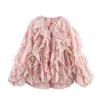Womens Floral Print V-Neck Long Sleeve Blouse With Ruffle Trim Loose Fit Chiffon Shirt 2025