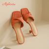 Fashion Aphixta New Summer Green Orange Women Slippers Solid Color Shoes Classic Square Toe Flip Flops Beach Med Heel Slides Mules