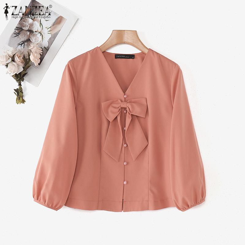 ZANZEA Women Casual Bows V-Neck Summer 3/4 Sleeve Blouse