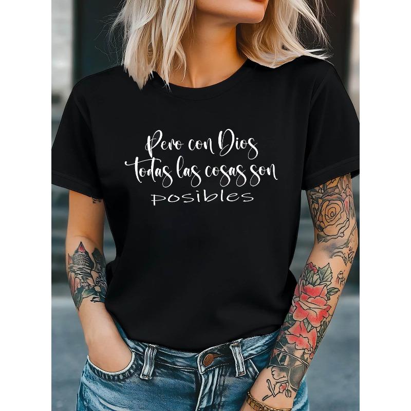 

Letter Print T-shirt, Short Sleeve Crew Neck Casual Top for Summer & Spring, Women s Clothing 4XL чорний