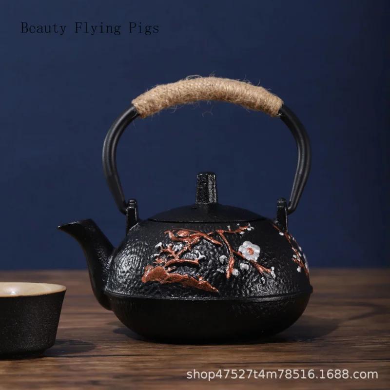 Retro Nostalgic Black Particle Cast Iron Teapot for Home Use, Large Capacity Lifting Beam Teapot, Uncoated Pig Iron Teapot