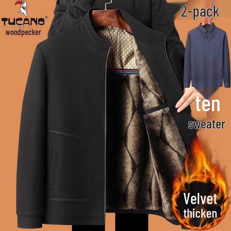 Woodpecker Dad Winter Fleece-Lined Wool Coat for Middle-Aged and Elderly Men, Warm and Thickened, Sizes for 50s to 60s.