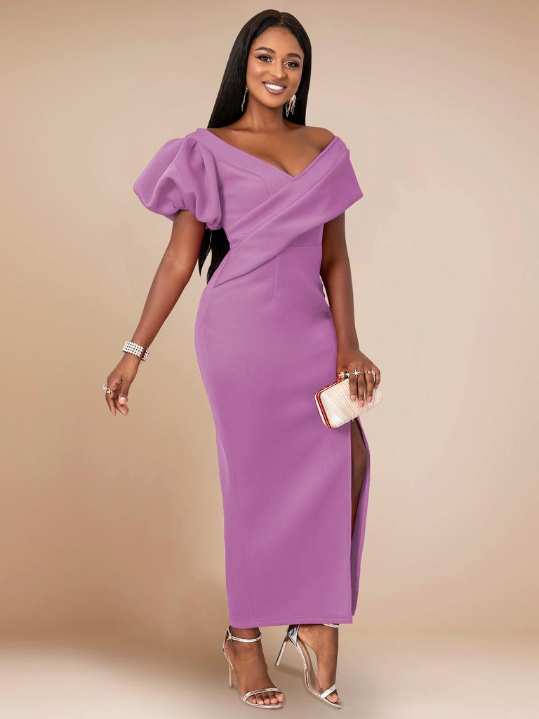 AOMEI Dark Red Formal Dresses Evening Gown Elegant Women Cold Shoulder V Neck Puff Sleeve Slit Irregular Long Vestidos Classy Celebrate Outfit