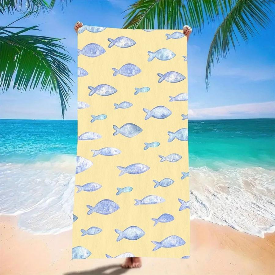Beach Towel Oversized Sand Free Quick Dry Microfiber Fish Print Yellow Blue Striped Towels for Adults Kids Swim Camping Travel
