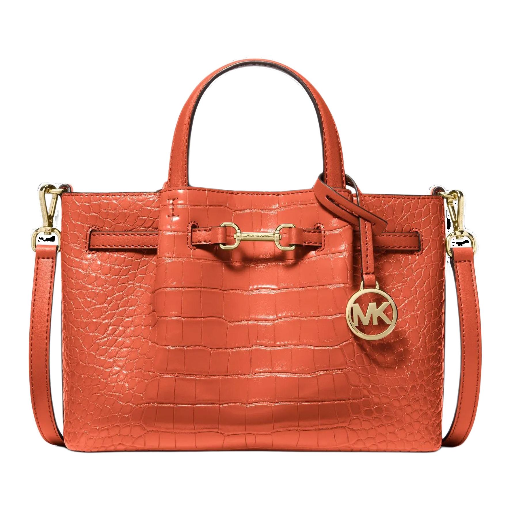 Michael Kors MK Carson Gold Horsebit Crocodile Pattern Faux Leather Tote Bag Small Women handbags Orange 35S5G2ZS5I-867 Basic Set (Bag+Dust Bag)