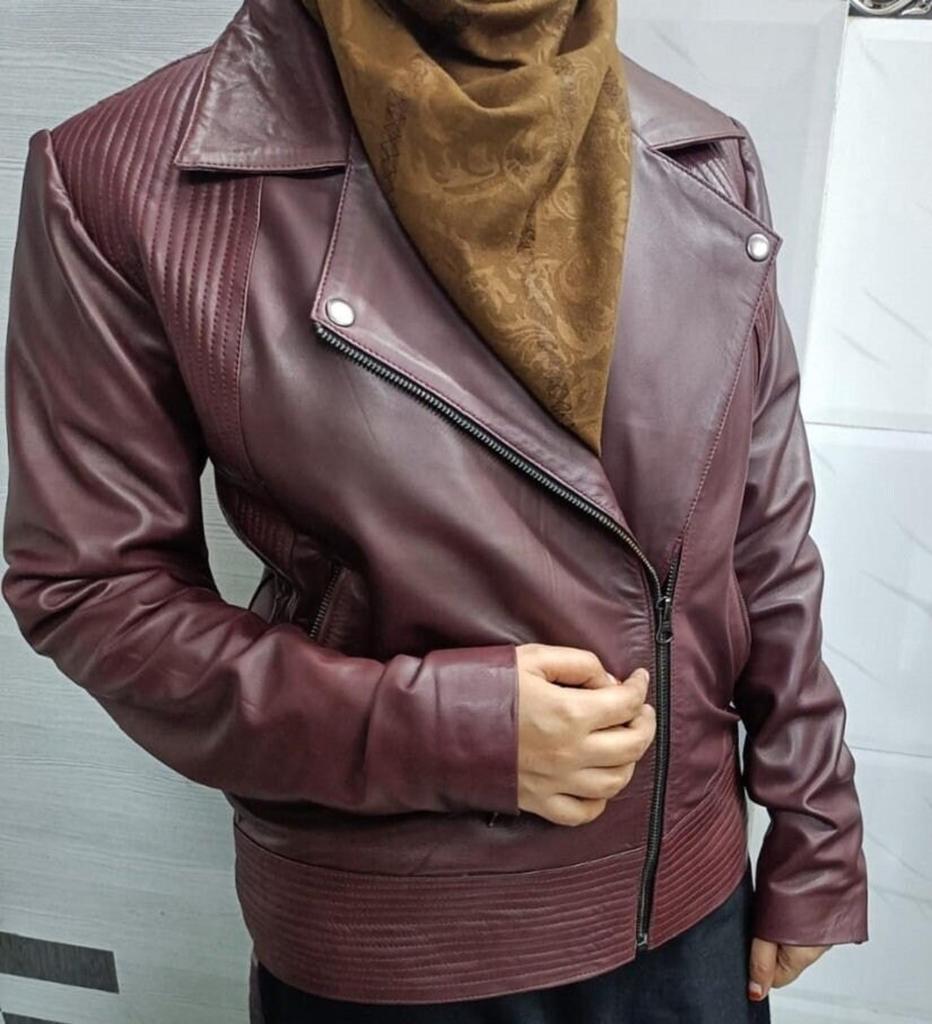 NOORA Damskie bordowe skórzane kurtki motocyklowe