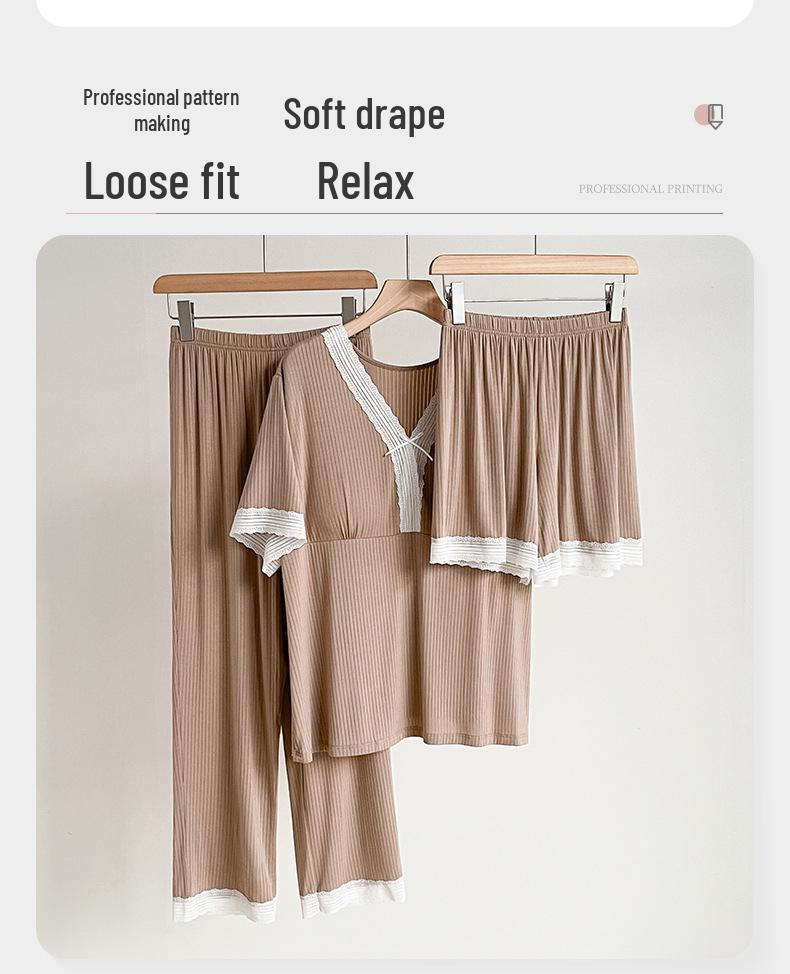 Women's Summer Pajama Set - Three-Piece Short-Sleeve Top, Long & Short Pants with Chest Pads, Lace Design, Wear Indoors or Out.