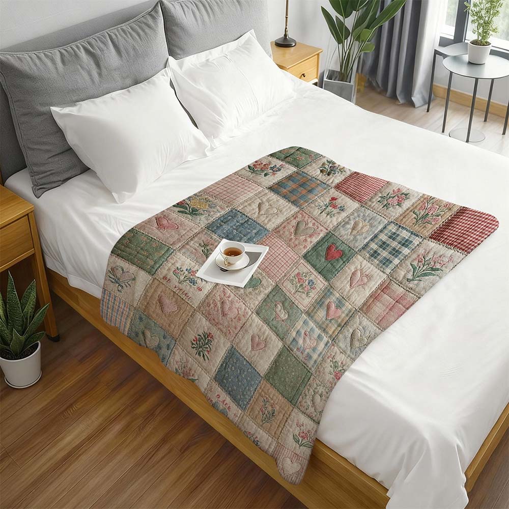 1 Stück Vintage Herz Florales Patchwork gesteppte Überwurfdecke Gemütliche Bauernhaus Heimdeko Decke für Couch Bett Sofa