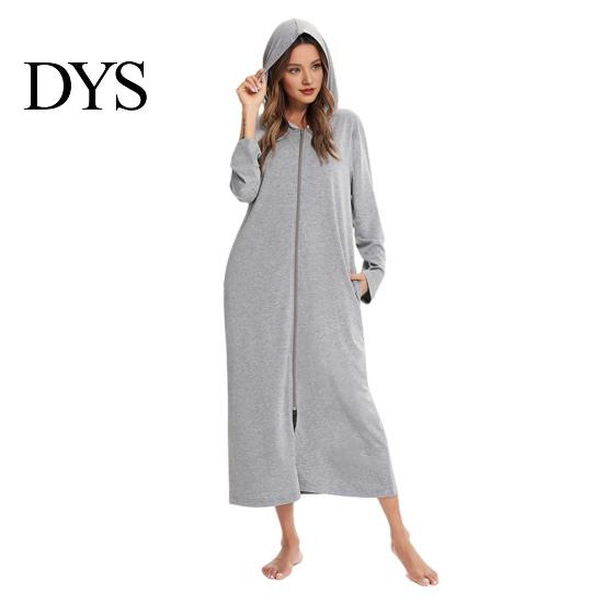 Sleep Dress Women Zip-up Nightgown Long Sleeve Loose Pure Color with Pockets Two Pocket Mid-calf Length Hooded Loungewear Daily Wear Home Bedroom Use