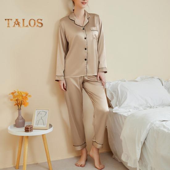 2-teiliges Pyjama-Set aus Satin, einreihig, Strickjacke, V-Ausschnitt, Reverskragen, einfarbiges Hemd, weite Hose, lockere Hose, Nachtwäsche
