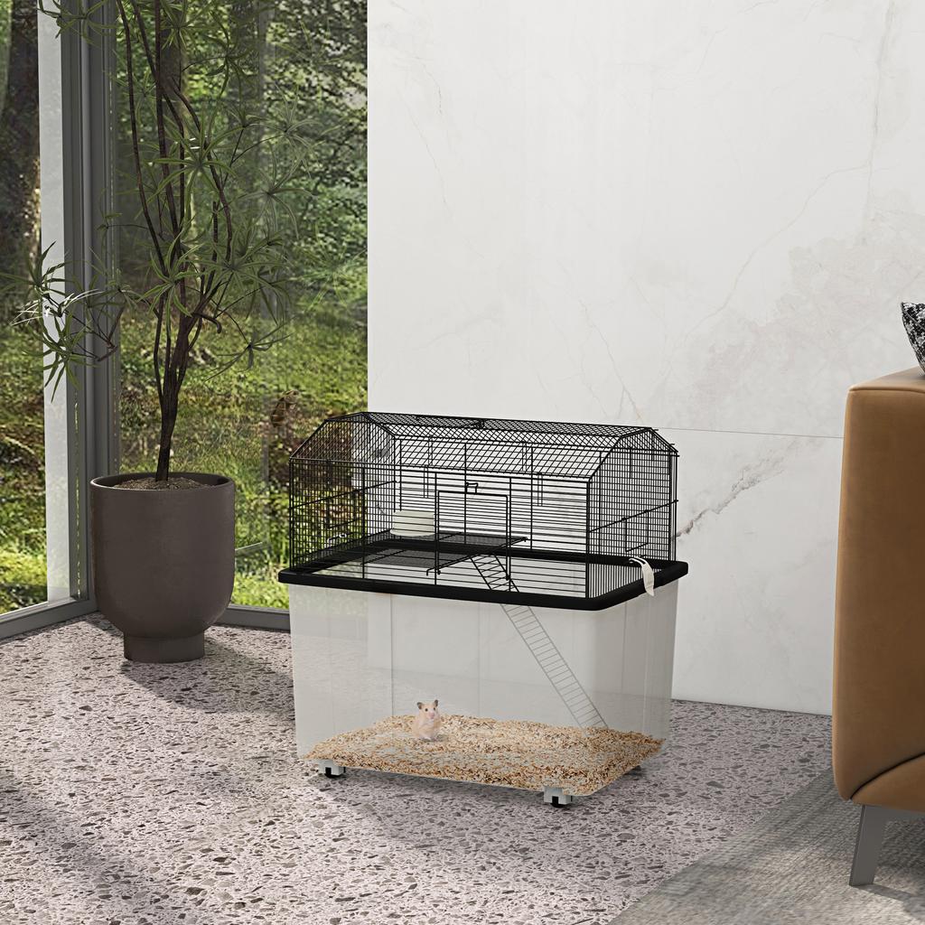 Gabbia per criceti, gabbia per roditori, 2 livelli con ruote, piattaforma e scaletta, realizzata in filo d'acciaio, 57 x 43 x 57 cm, nera