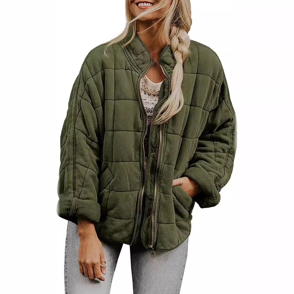 Women's Causal Lightweight Quilted Jackets Long Sleeve Oversized Warm Winter Zip Up Coat with Pockets