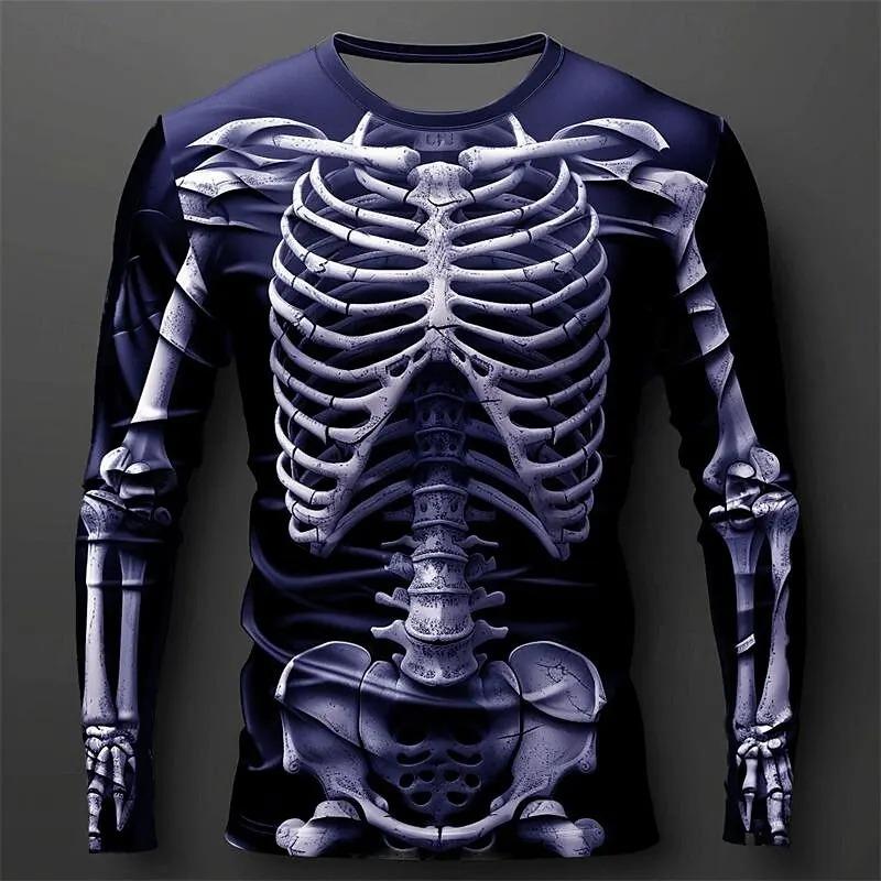 Creative Design 3D Skull Print Men's T-Shirt Autumn Daily Casual Long Sleeve Crew Neck Pullover Tees Oversize Breathable Clothes