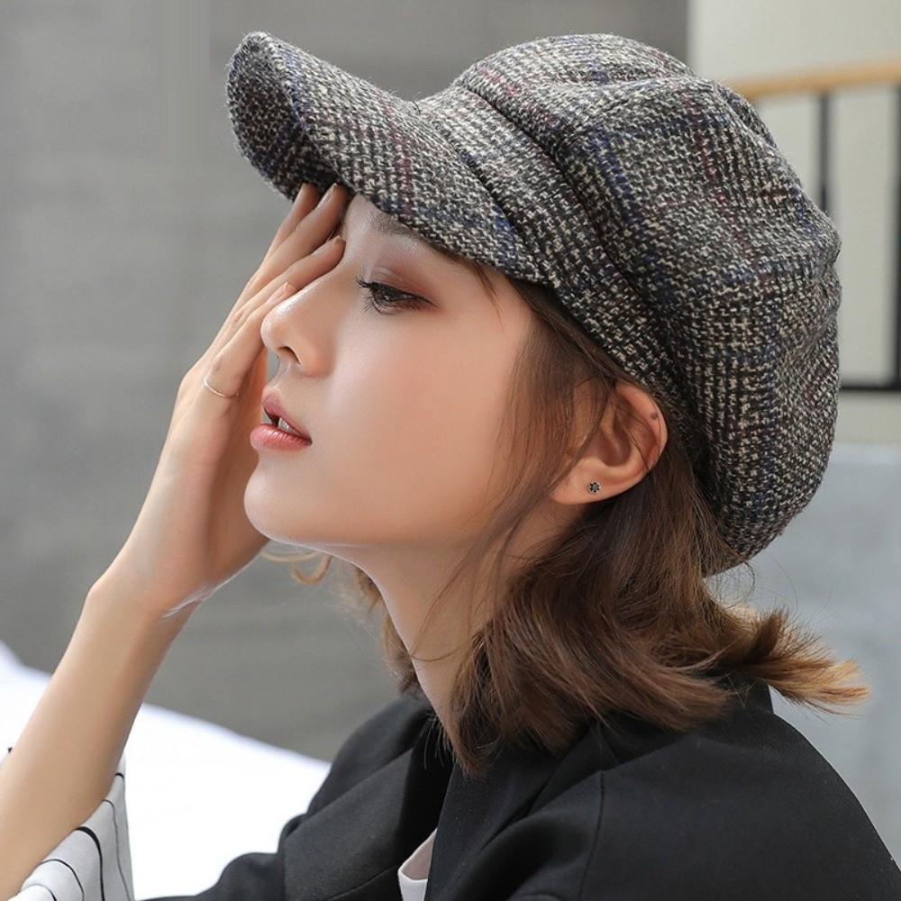 Woolen Plaid Octagonal Hat Thick Artist Hat Vintage Painter Caps  Winter