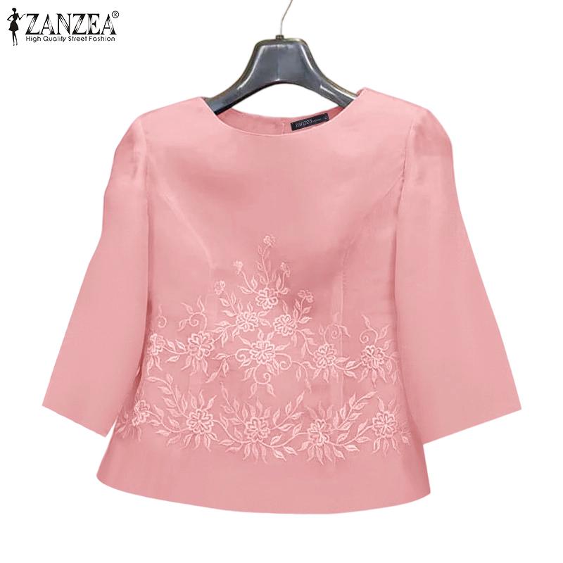 ZANZEA Blouse Décontractée Femme Col Rond Manches 3/4 Ample Broderie