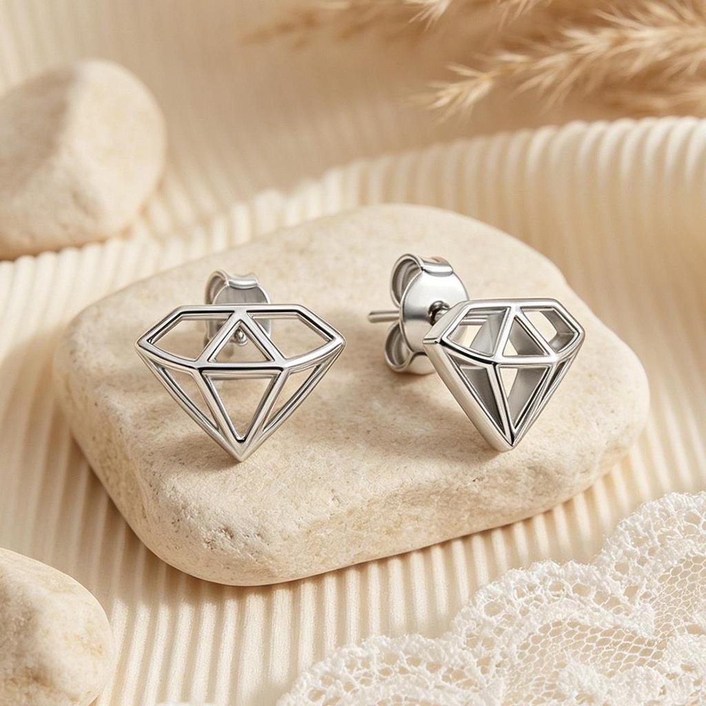 European S925 Sterling Silver Geometric Rhombus Diamond Stud Earrings in Light Gold