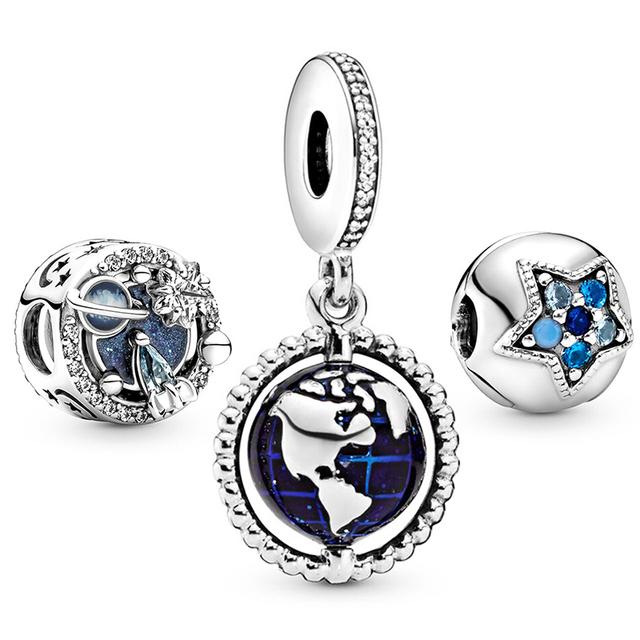 3pcs /Lot Blue Enamel Globe Charms Beads Star Pendant Fit Diy Brand Charm Bracelets Necklaces For Women Fashion Jewelry Making