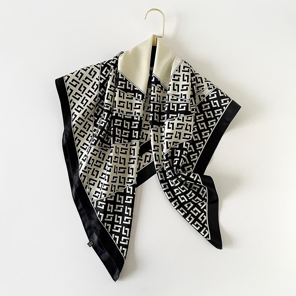 Big Scarf Spring and Summer Versatile Shawl Print European and American Color-blocking Satin Emulation Silk Twill Women's Scarf Collar