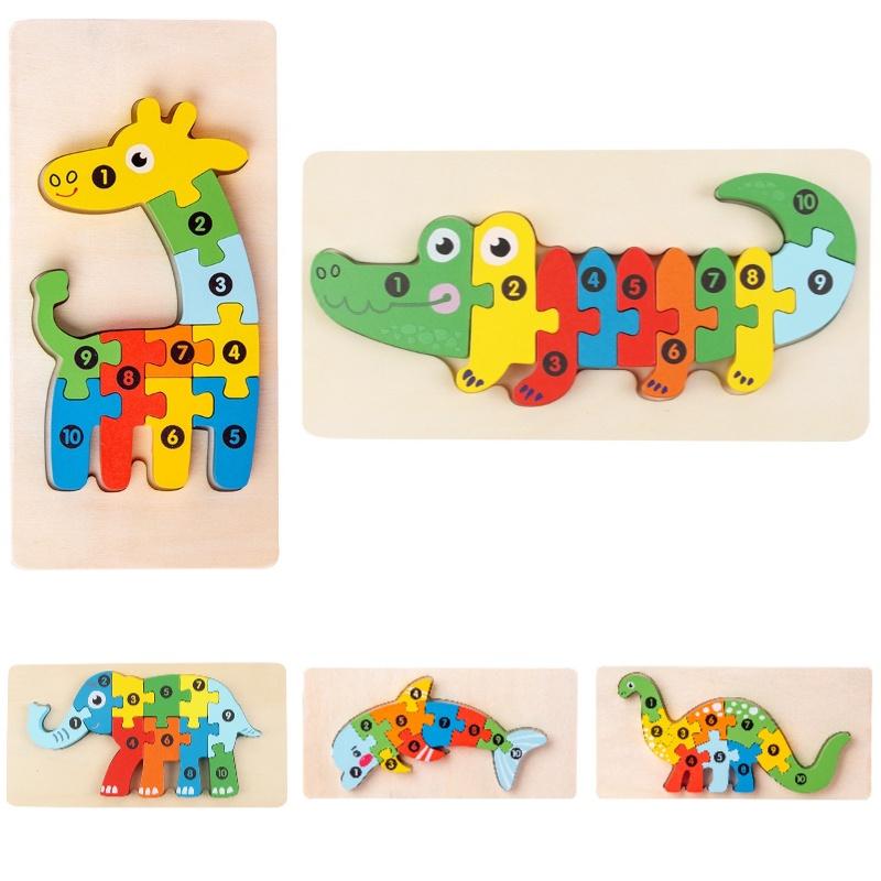 Holz 3D Tier Puzzle Spielzeug für Kleinkinder Elefant, Krokodil, Delfin, T-Rex, Giraffe