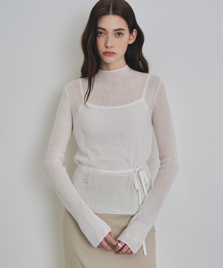 Keoseuteomeokeullagumeon Linen See-Through Ribbed Half-Neck Knit 5 Color Cowkt020