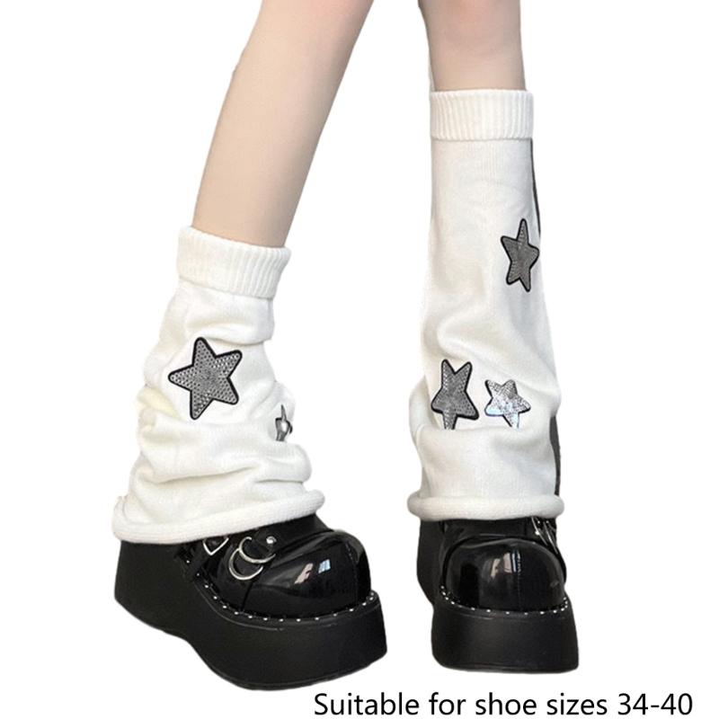 Girls Lolitas Leg Warmers Y2K Star Knitted Flared Leg Sleeves Goth Baggy Cuffs Ankle Heap Socks JK Uniform Foot Cover