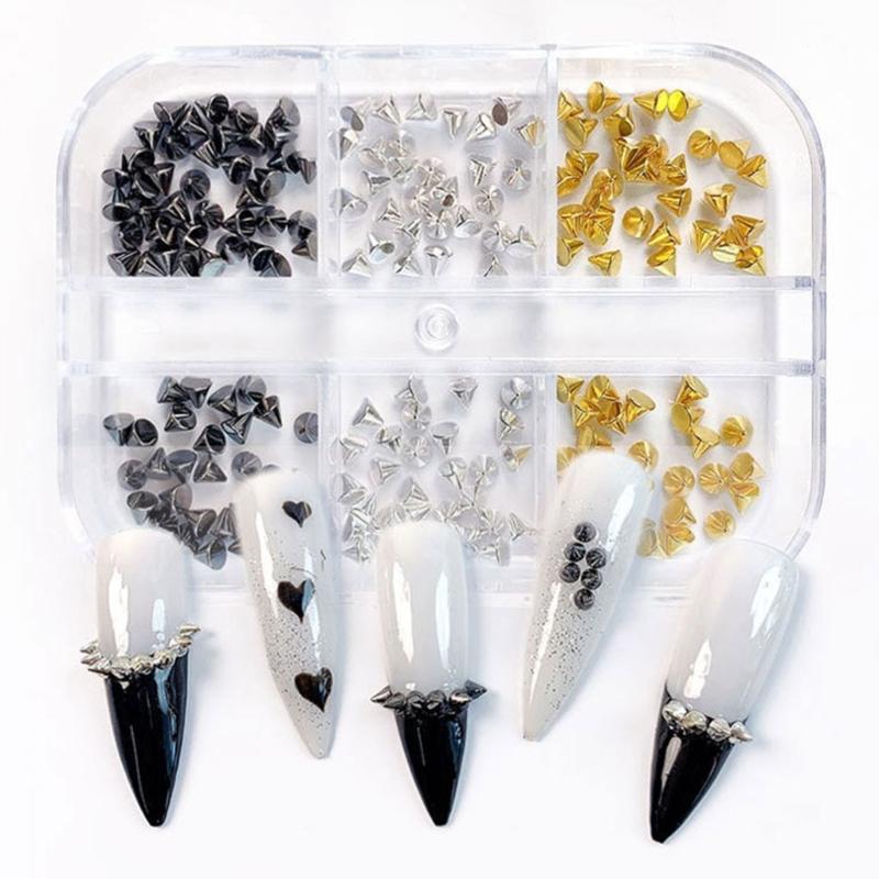 Pack Of 6 Unique Style Metal Nail Art Studs Assorted Shapes Bold Gothic Decorations For DIY Manicure Designs