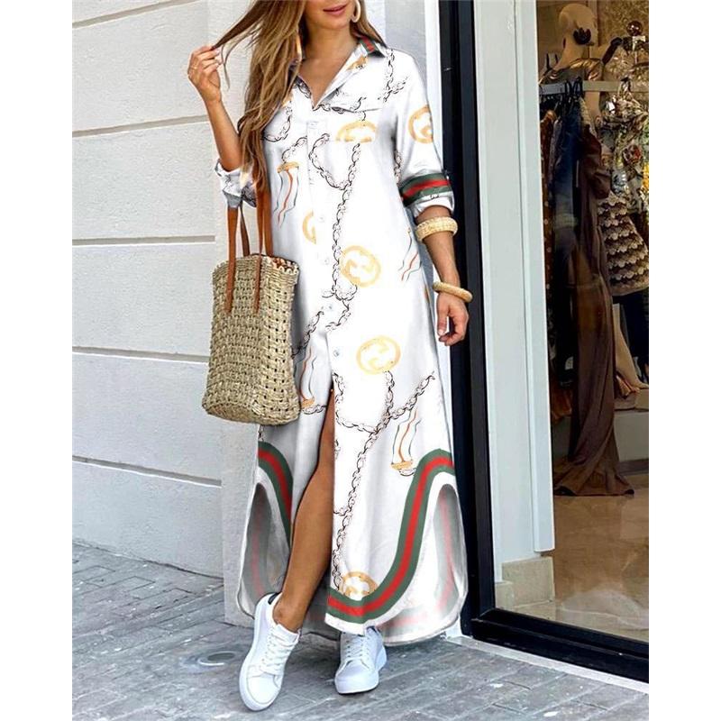 Women's Summer New Style Long-sleeved Casual Shirt Skirt Long Printed Split V-neck Large Size Loose Dress