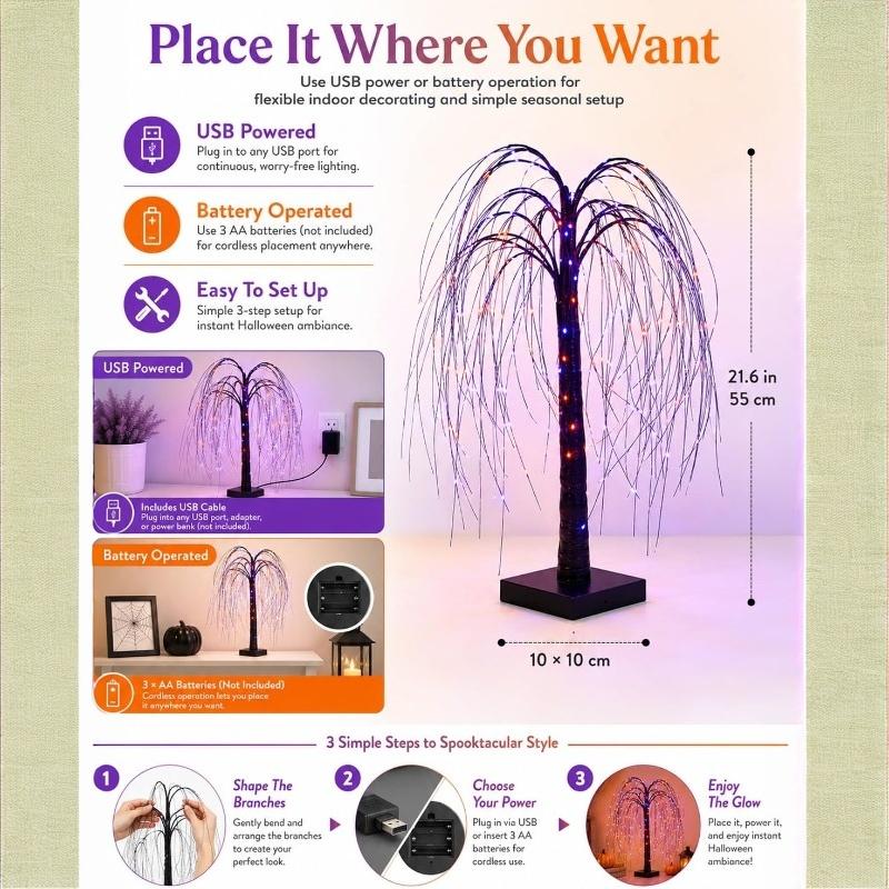 Artificial PVC Spooky Halloween Tree Light Decorations Willow-Shaped Decor USB Plug Battery Operation Tabletop Indoor for Mantel Fireplace Kitchen
