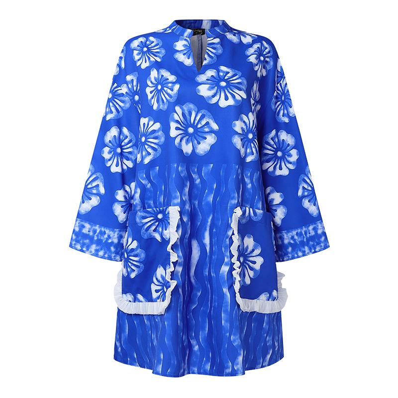 Plus Size Women Long Sleeve Floral Print Pockets Casual Loose Minig Dress