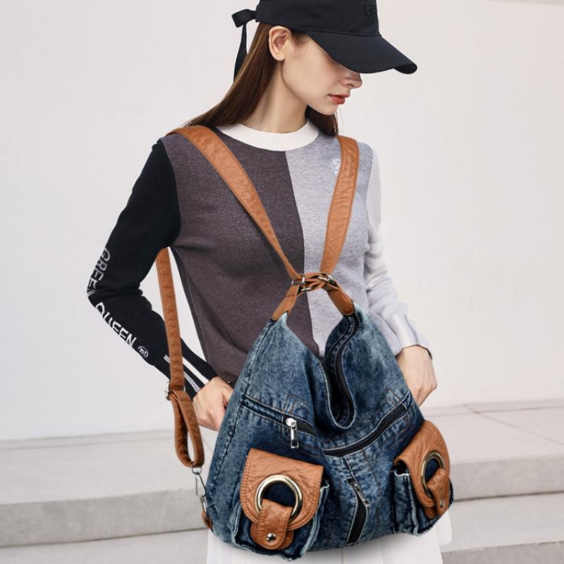 Women Fashion Denim Backpack Large Capacity Vintage Design Handbag Lady Soft Shoulder Bag Korean Beach Travel Backpacks Trend