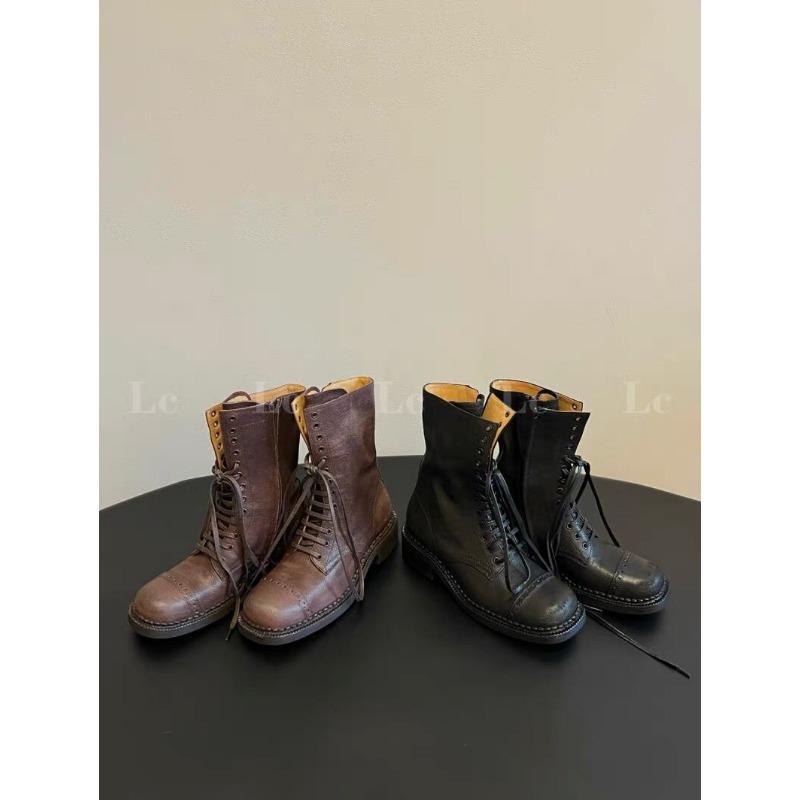 Damen-Ankle Boots Schnürung Mädchen Cowgirl Motorrad Trend Neu Rock Punk Niedriger Absatz Designerschuhe Runde Spitze Lederstiefel