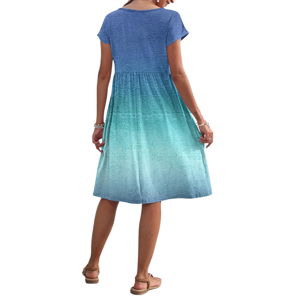 Damska Letnia Modna Codzienna Okrągły Dekolt Krótki Rękaw Sukienka z Gradientowym Wzorem