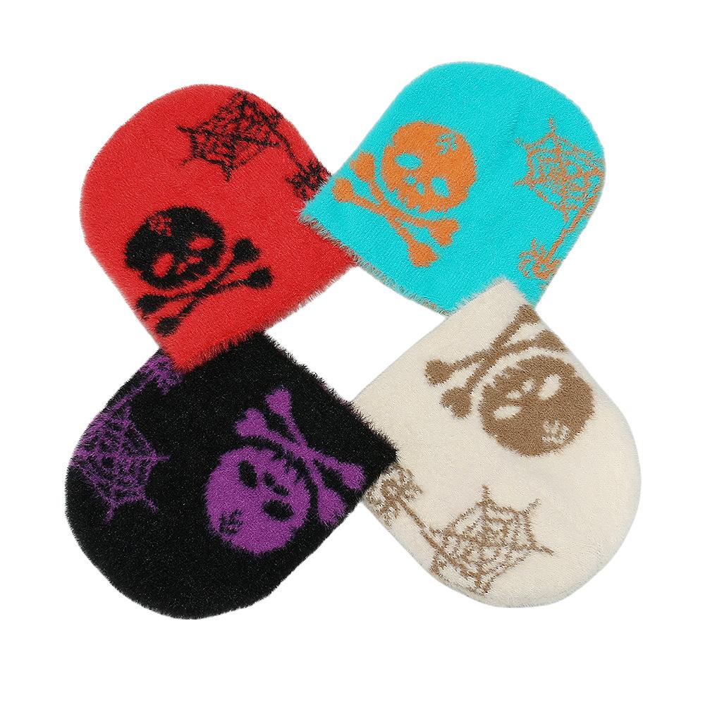 TEMU Warm Cold Hats Men's and Women's Skulls Spider Webs Plush Mink Knitted Hats Halloween