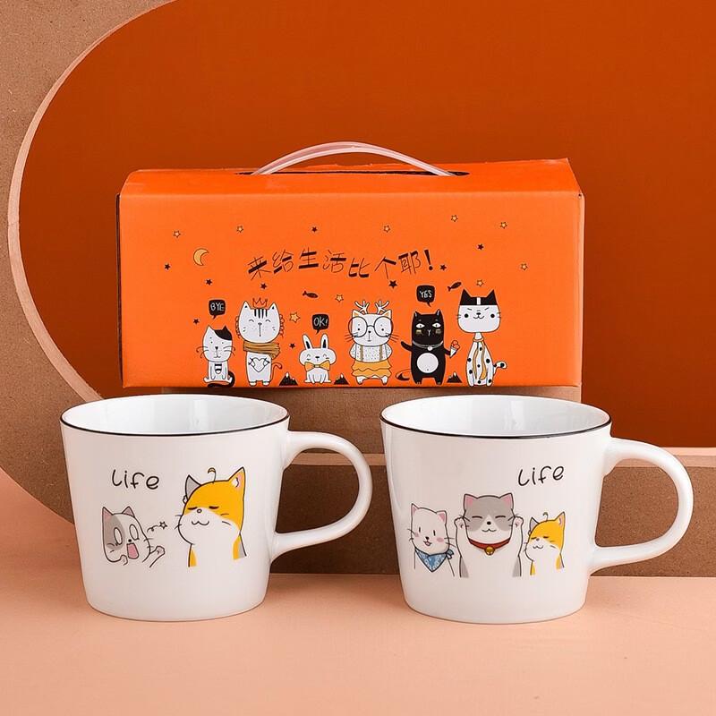 Cute Cartoon Cat Ceramic Couple Mugs Gift Set