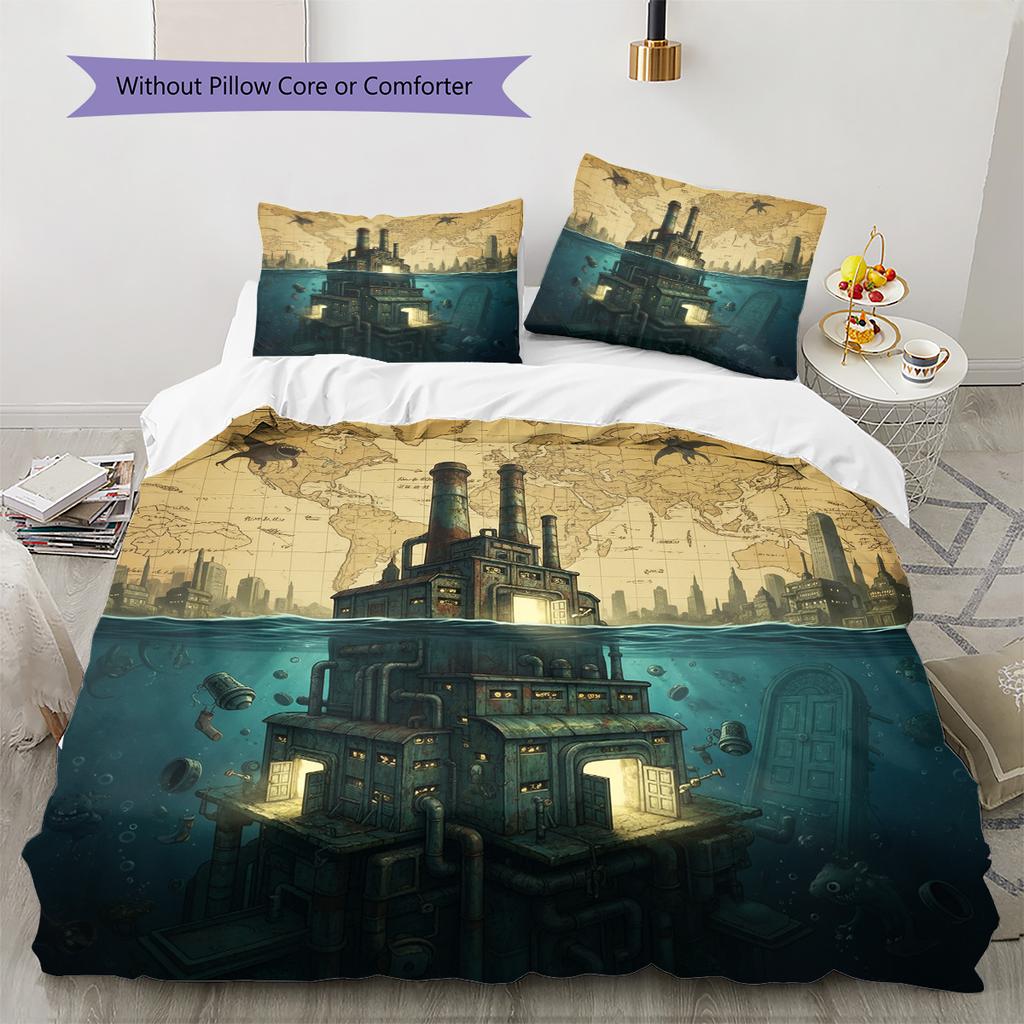 Map Ocean Architecture Pattern Bedding Quilt Set Home Decoration Gift (1 * duvet cover + 2 * pillowcase without core)
