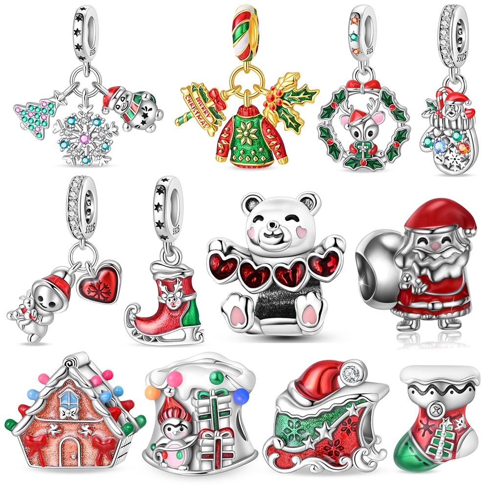 Favorite Copper Metal Santa Claus&Snowman&Sled&Socks&House&Bear&Elk Charm Bead Component Compatible With Brand Bracelet High Quality Fine Jewelry