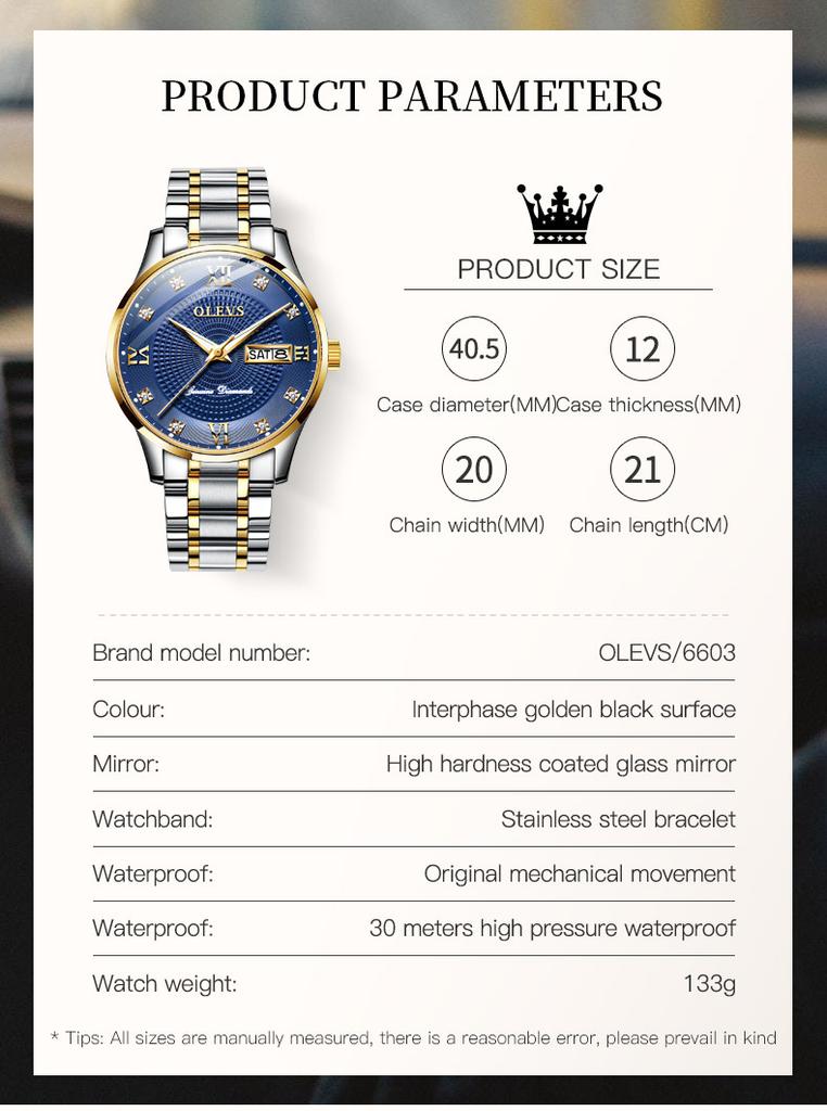 OLEVS 6603 Automatic Mechanical Man Watch Luxury Diamond Roman Scale Dual Calendar Luminous Waterproof Business Men's Watches