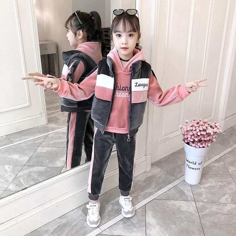 Winter Girls Tracksuit Autumn Teenager Clothes Velvet Jacket Vest + Top Hooded + Bottom Strip Pant Child Kid 8 10 12 Year