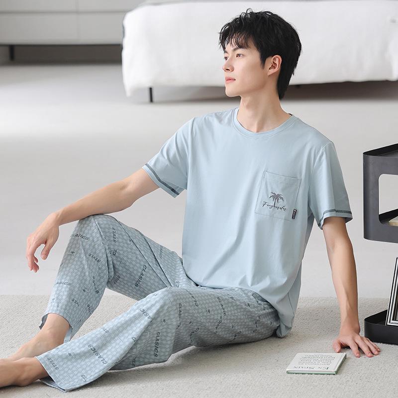 Pajamas Men's Summer Cotton Short Sleeve Trousers Thin Summer Casual Large Size Summer Loungewear Set