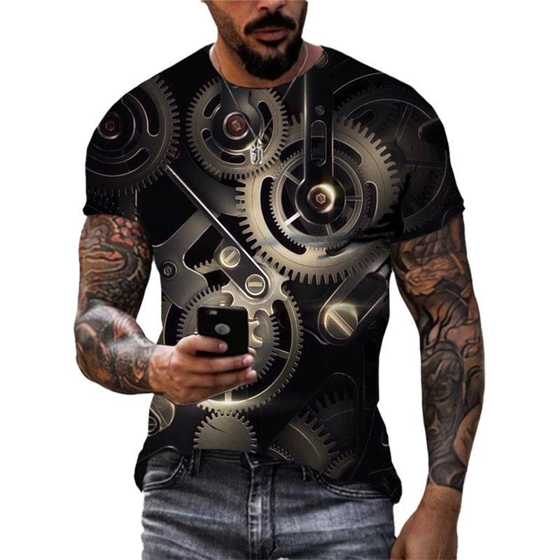 Summer Round Neck 3D Steampunk Gear Print Top Fashionable Casual Short Sleeved Men's T-shirts