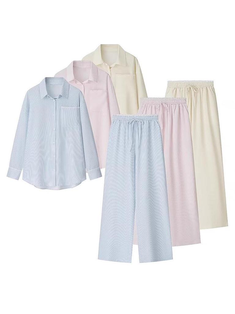 Autumn Cross-Border French Style Striped Shirt & Straight-Leg Pants Set