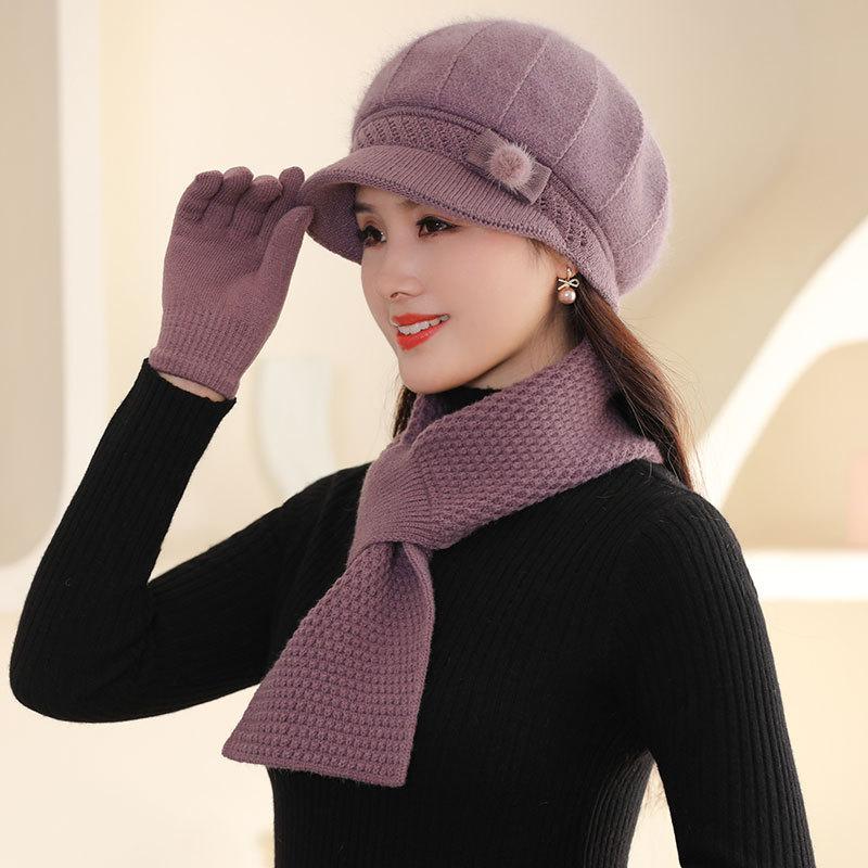 

Шапка вязаная из кроличьего меха женская для мамы зимняя бархатная теплая шерстяная шапка с козырьком для пожилых людей шарф защита шеи перчатки separate hat