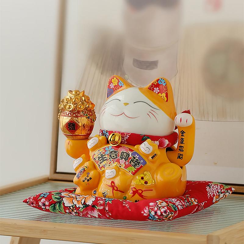 7 Inch Fortune Cat with Waving Arm Ceramic Maneki Neko Feng Shui Ornament Lucky Cat for Shops, Restaurant, Home Table Decoration