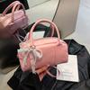 Mini Boston Handbag For Women Cute Style Top Handle Bag With Pearl Lace Bow Charm And Detachable Crossbody Strap For Daily Use