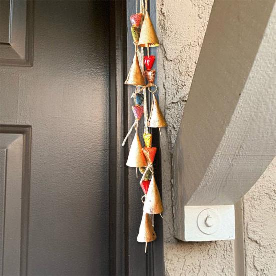 Colored Ceramic Bead Wind Chime Bohemian Farmhouse Rustic Hanging Metal Cow Bell Cluster with Jute Rope Outdoor Garden Patio Wind Bell Decoration